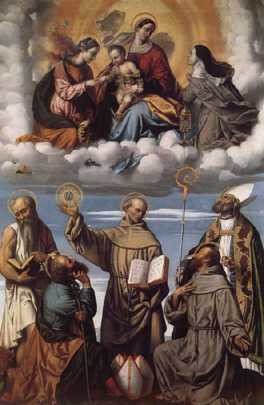 MORETTO da Brescia Saint Bernardino with Saints Jerome,Joseph,Francis and Nicholas of Bari,Virgin and Child in Glory with Saints Catherine of Alexandria and Clare oil painting picture